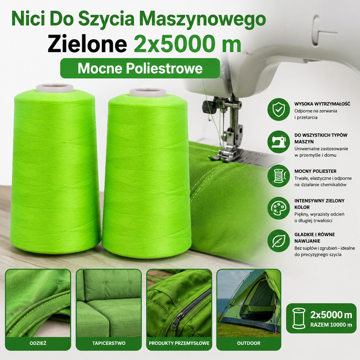 Nici Do Szycia Maszynowego Zielone 2x5000 m Mocne Poliestrowe